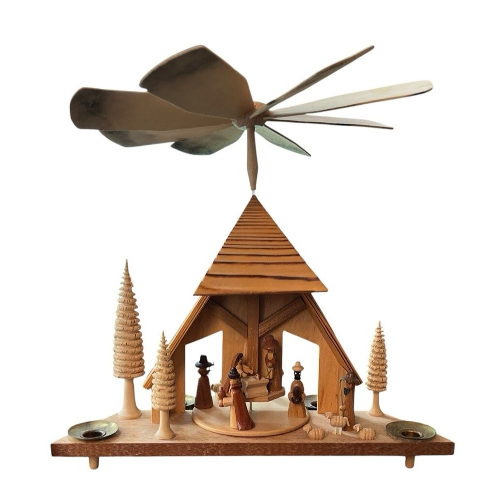 Vintage Erzgebirge East German (GDR) Wooden Nativity Set Fan Candles Spin 12x12"